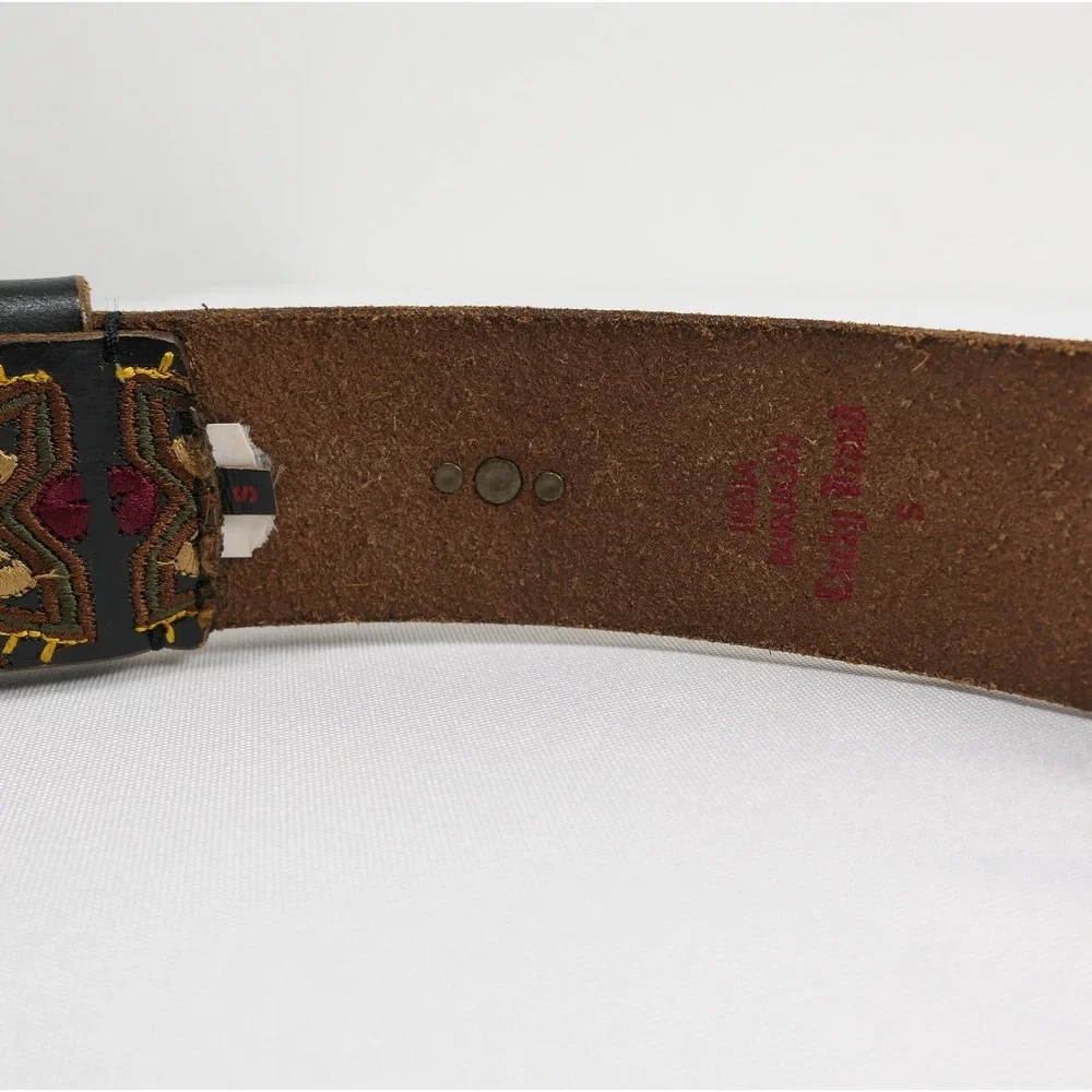 Lucky Brand Womens S Brown Leather Embroidered Boho Belt Bronze Buckle 29 31 33